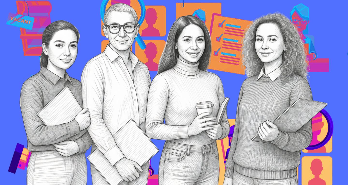 Ilustración de profesionales frente a un fondo azul con iconos de empleabilidad